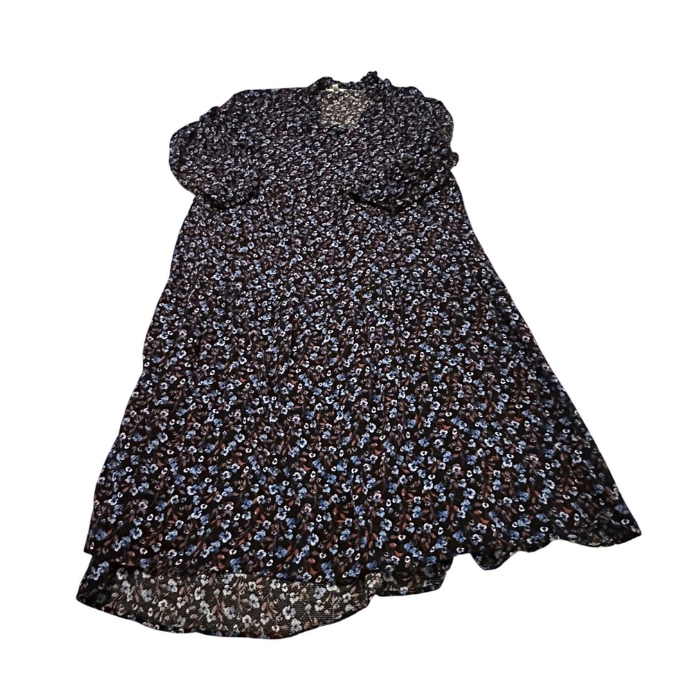 Terra & Sky Womens 2X Plus Size Floral Midi Dress 3/4 Sleeve Ruffle Neck Blue